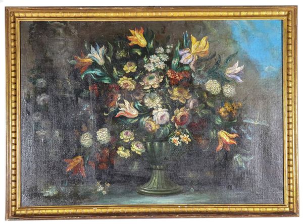 Scuola Lombarda Inizio XIX Secolo - “Natura morta con vaso e mazzo di fiori”, dipinto ad olio su tela