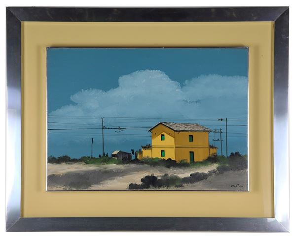 Enotrio Pugliese - Firmato. "Paesaggio pugliese con case presso la ferrovia", dipinto ad olio su tela