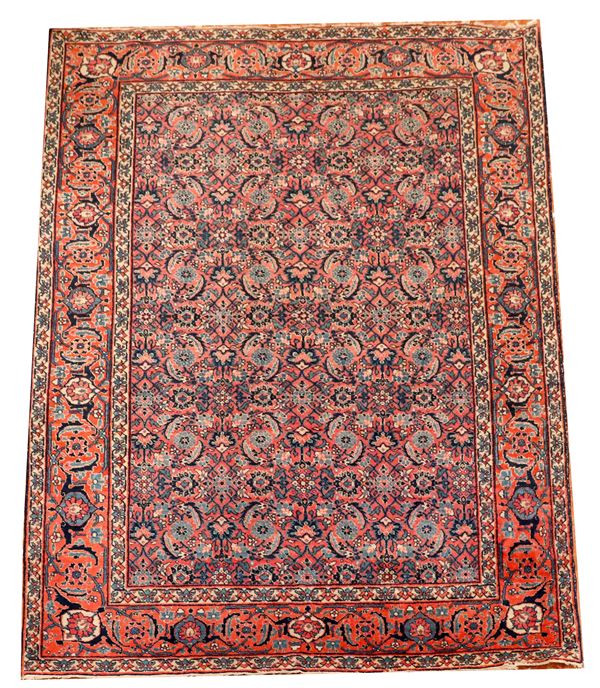 Tappeto persiano Tabriz a disegno geometrico floreale su fondo rosso, M 1,94 x 1,36