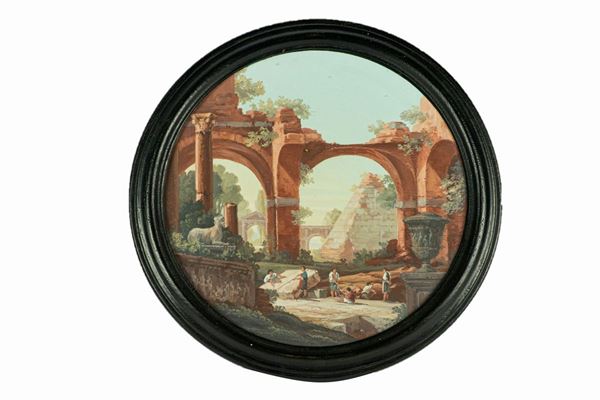 Pittore Romano XIX Secolo - &quot;Roman ruins with characters&quot;