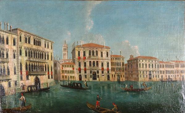 Pittore Veneziano Fine XVIII Secolo - "Veduta di Venezia con il Canal Grande e gondole", luminoso dipinto ad olio su tela di ottima realizzazione pittorica