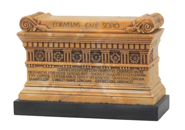 Antique yellow marble model of the "Sarcophagus of Cornelius Scipione Barbato", base in black Belgian marble. Old restoration on the lid
