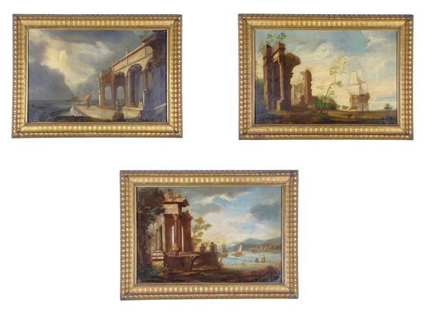 Gennaro Greco detto il Mascacotta - Bottega di. "Marine con architetture, ruderi e personaggi", lotto di tre dipinti ad olio su tela