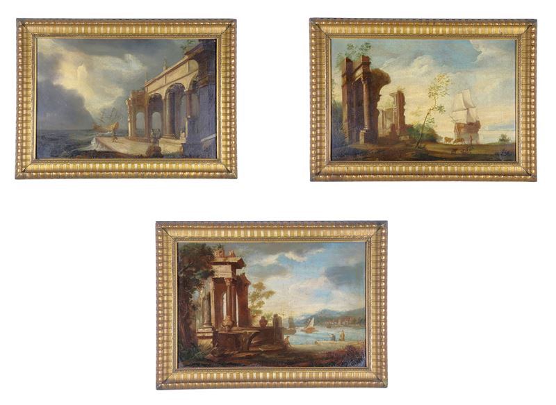 Bottega di. "Marine con architetture, ruderi e personaggi", lotto di tre dipinti ad olio su tela