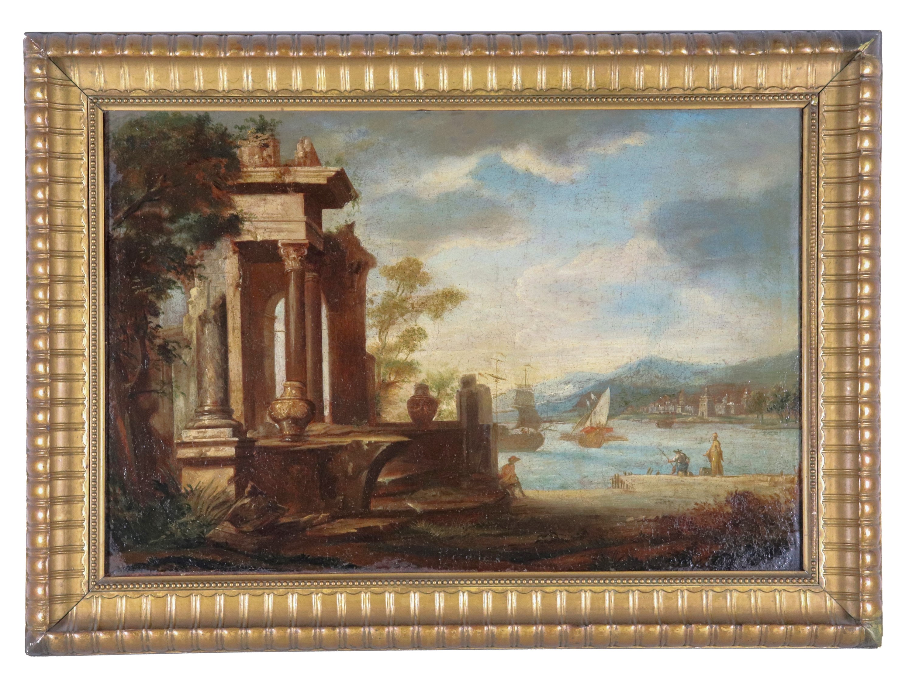 Bottega di. "Marine con architetture, ruderi e personaggi", lotto di tre dipinti ad olio su tela