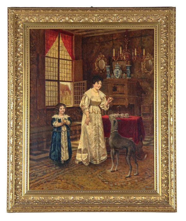 Eugene Meeks - Signed and inscribed Florence. "Interior of living room with mother, daughter and dog", oil painting on canvas