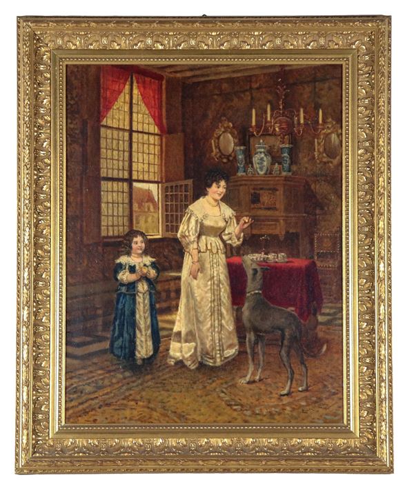Eugene Meeks - Firmato e iscritto Florence. "Interno di salotto con mamma, figlioletta e cane", dipinto ad olio su tela
