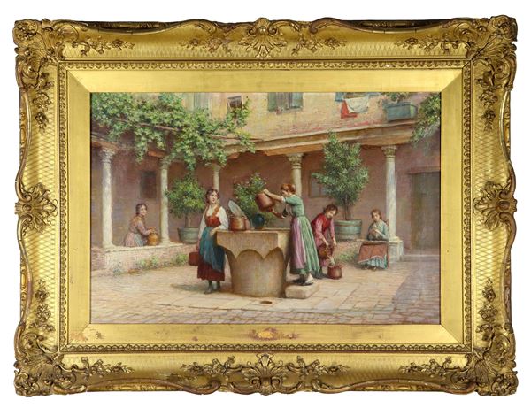 Arthur Trevor Haddon - Firmato. "Interno di chiostro con popolane veneziane al pozzo", luminoso dipinto ad olio su tela