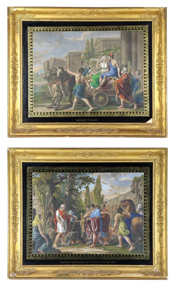 'Penelope and Ulysses' and 'Cincinnatus receives the Ambassadors of Rome', pair of ancient large watercolor engravings, First Empire period, with edges of the glass painted in black and pure gold, in ancient frames of the period in gilded wood and carved with motifs neoclassical. One glass has a lack on one corner and the engraving with Cincinnatus has some defects on the paper. First Quarter of the 19th Century