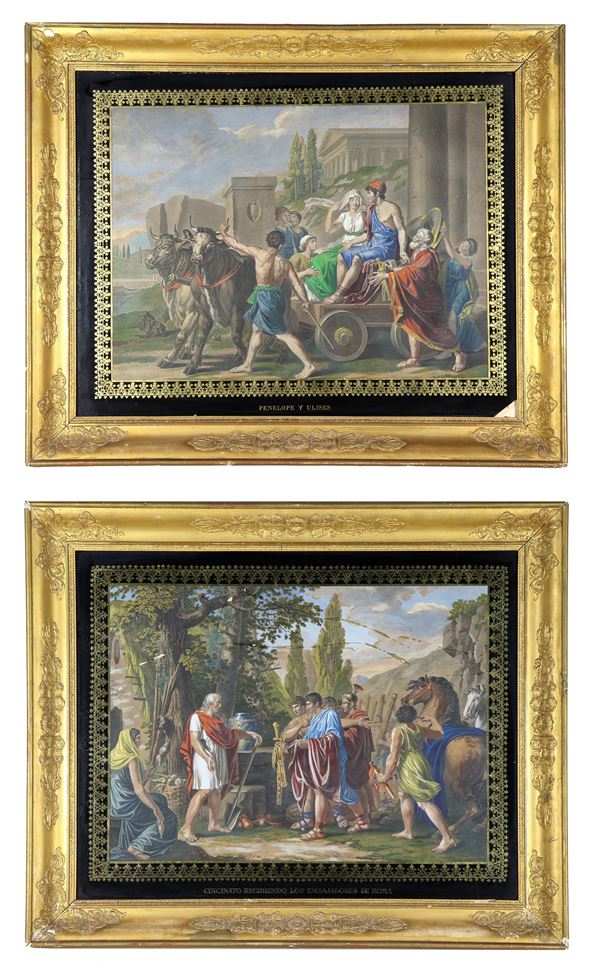 'Penelope e Ulisse' e 'Cincinnato riceve gli Ambasciatori di Roma', coppia di antiche grandi incisioni acquarellate, Epoca Primo Impero, con bordi dei vetri dipinti in nero e oro zecchino, in antiche cornici dell'epoca in legno dorato e intagliato a motivi neoclassici. Primo Quarto del XIX Secolo