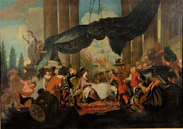 Pittore Italiano Inizio XVIII Secolo - &quot;Il pranzo di Ester e Assuero&quot;