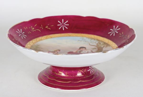 Antique Old Vienn porcelain cup, with colorful central medallion with "Girl with Cupid" scene, red and pure gold border. Slight small chip on the edge