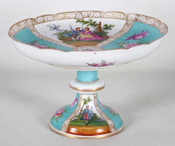 Stand in German polychrome porcelain from Dresden with polychrome decorations of flowers and gallant scenes