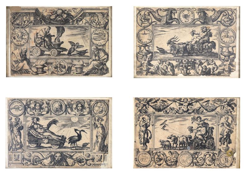 Firmate e datate 1592. "Allegorie dei Mesi dell'Anno", lotto di quattro piccole incisioni su cart...