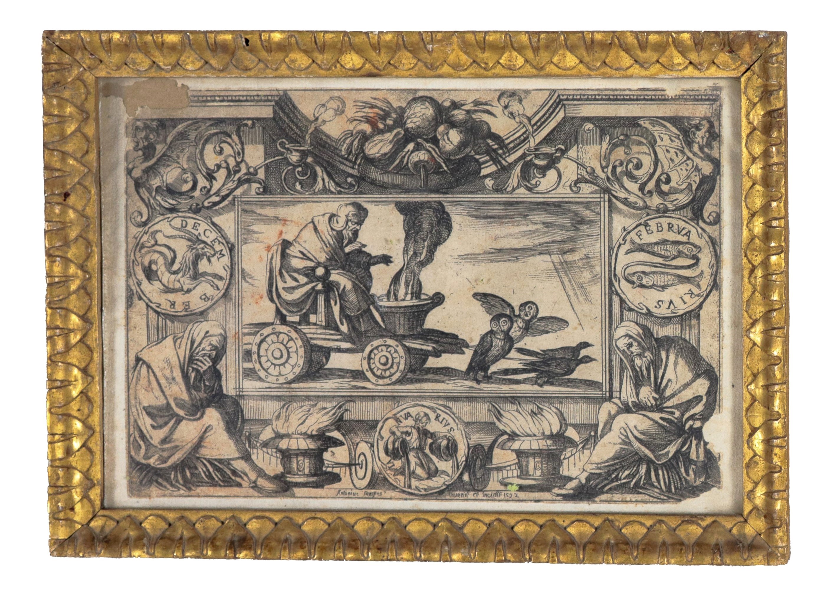 Firmate e datate 1592. "Allegorie dei Mesi dell'Anno", lotto di quattro piccole incisioni su cart...