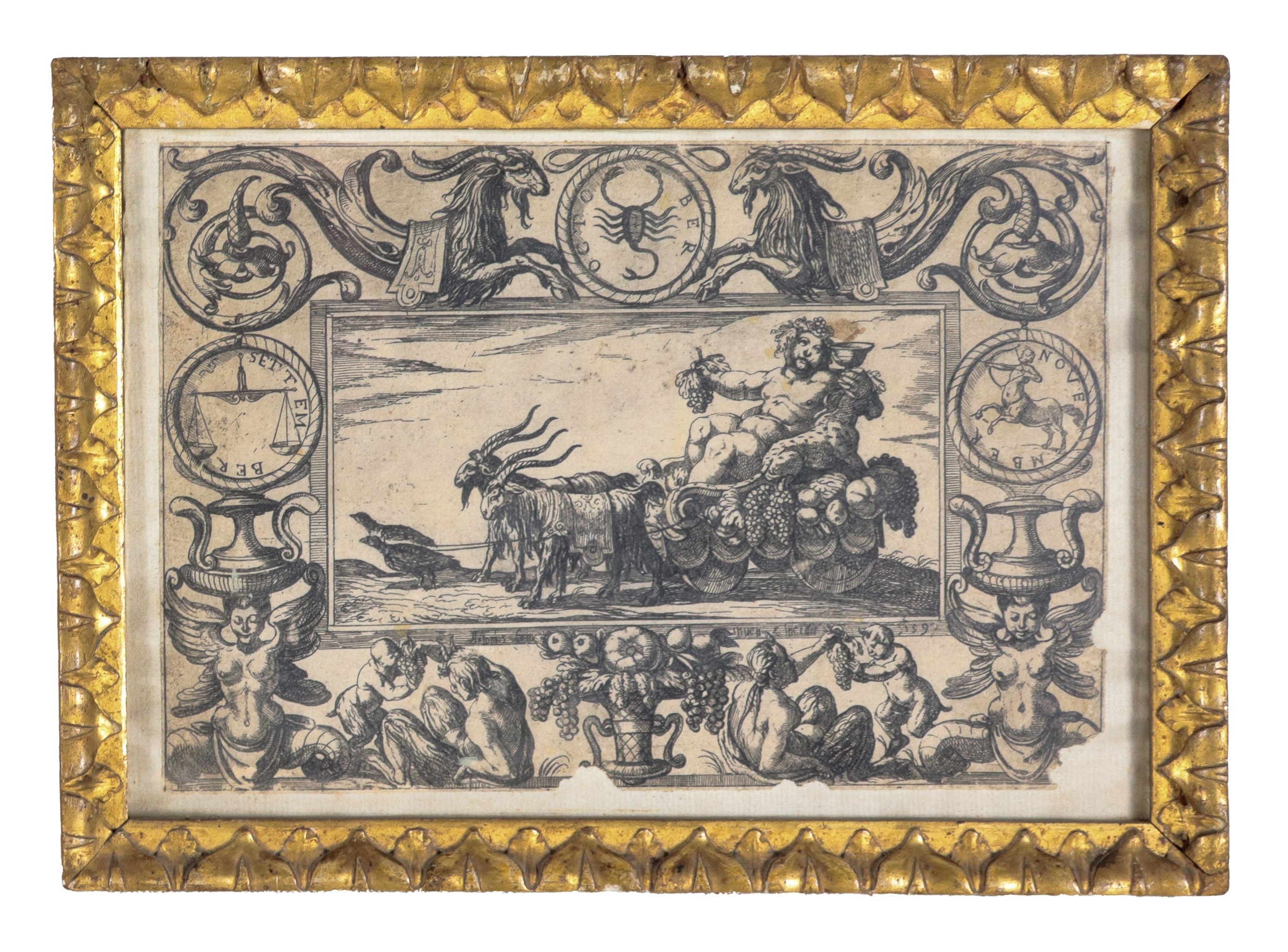 Firmate e datate 1592. "Allegorie dei Mesi dell'Anno", lotto di quattro piccole incisioni su cart...