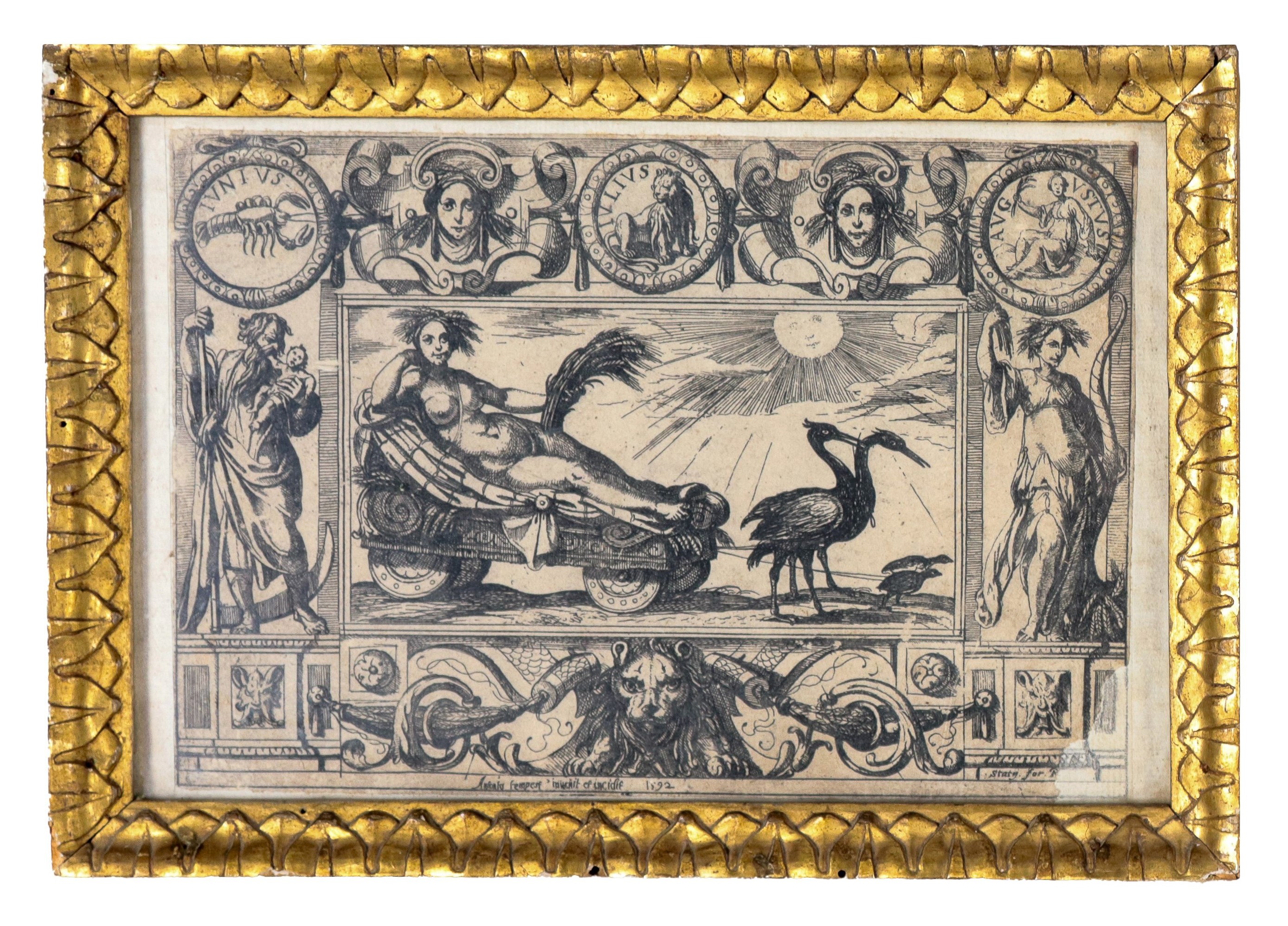 Firmate e datate 1592. "Allegorie dei Mesi dell'Anno", lotto di quattro piccole incisioni su cart...