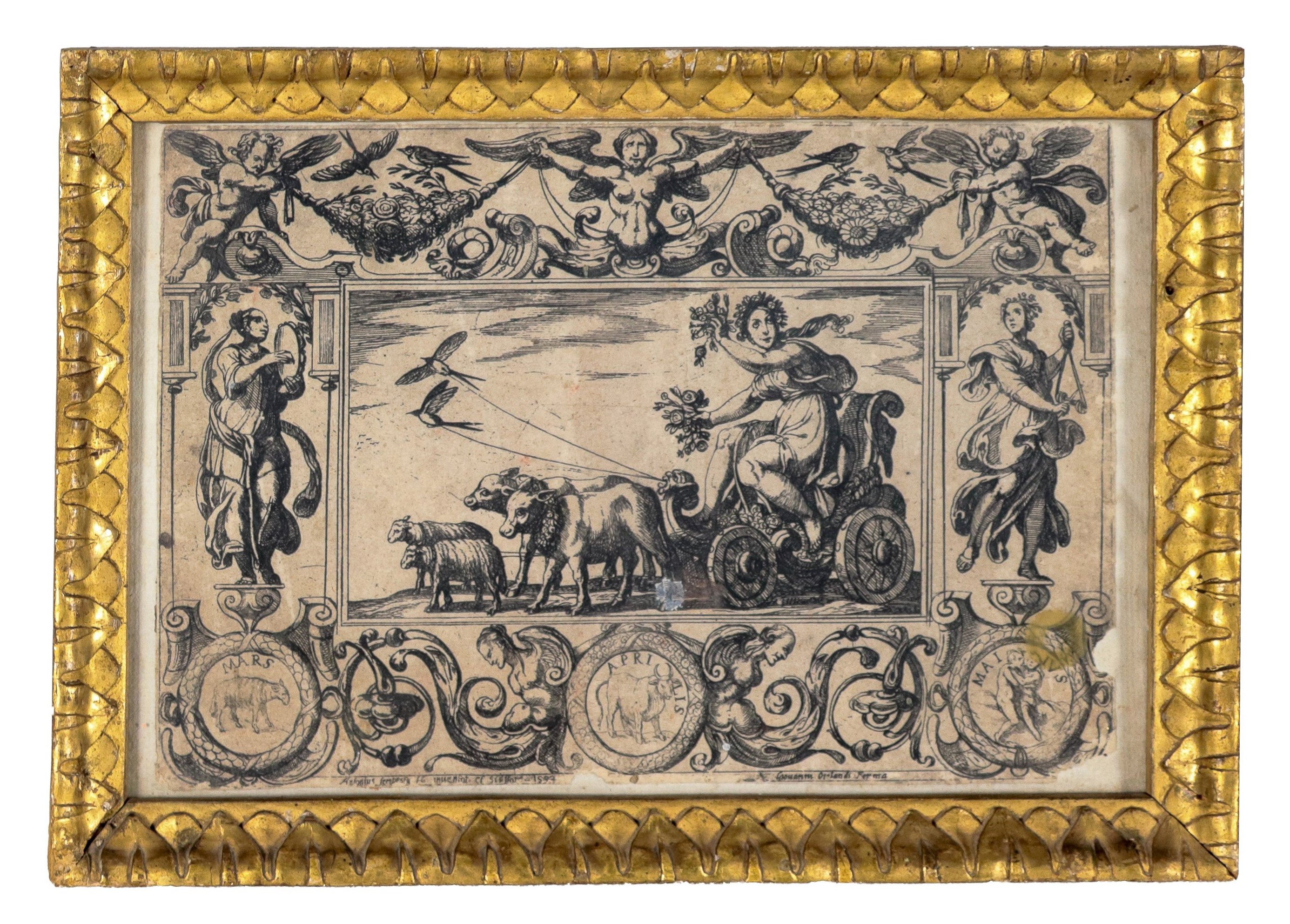 Firmate e datate 1592. "Allegorie dei Mesi dell'Anno", lotto di quattro piccole incisioni su cart...