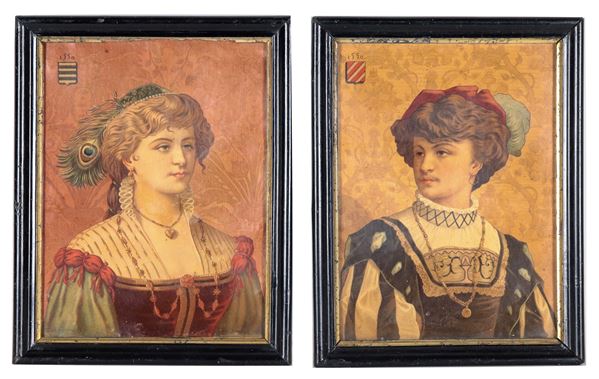 Pair of ancient small color oleographs "Portraits of nobles with noble coats of arms"