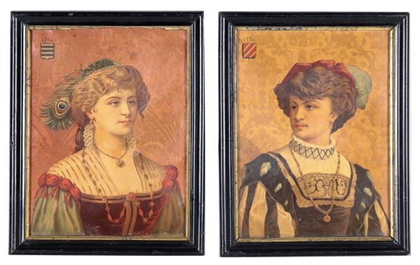 Coppia di antiche piccole oleografie a colori "Ritratti di nobili con stemmi gentilizi"