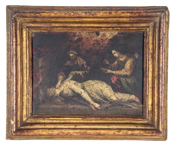 Scuola Italiana Fine XVII Secolo - "Death of the Virgin", small oil painting on copper, various defects