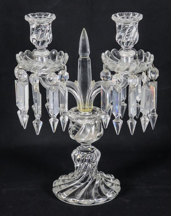 Baccarat French crystal candelabra with prisms and pendants, 2 flames  - Auction Timed Auction - FINE ART, ANTIQUE FURNITURE AND PRIVATE COLLECTIONS - Gelardini Aste Casa d'Aste Roma