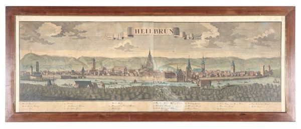 Antica incisione acquarellata su carta "Veduta della città di Heilbrun"