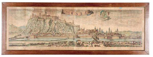 Antica incisione acquarellata su carta "Veduta della città di Gratz"