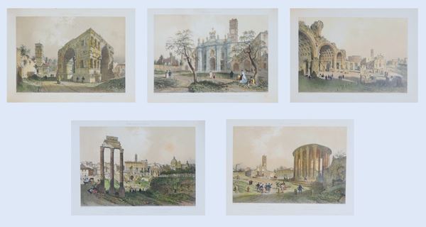 "Views of monuments of Rome", lot of five ancient watercolor prints