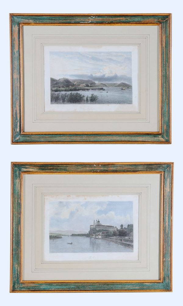 Pair of watercolor prints "Views of Walhalla and Melk"