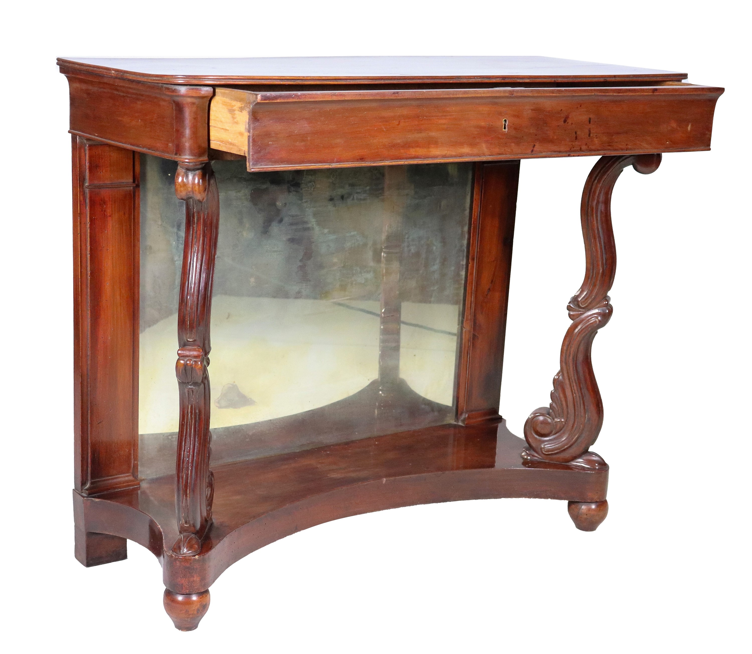 Consolle toscana Impero in mogano, a forma rettangolare con tiretto centrale, due gambe sagomate ...