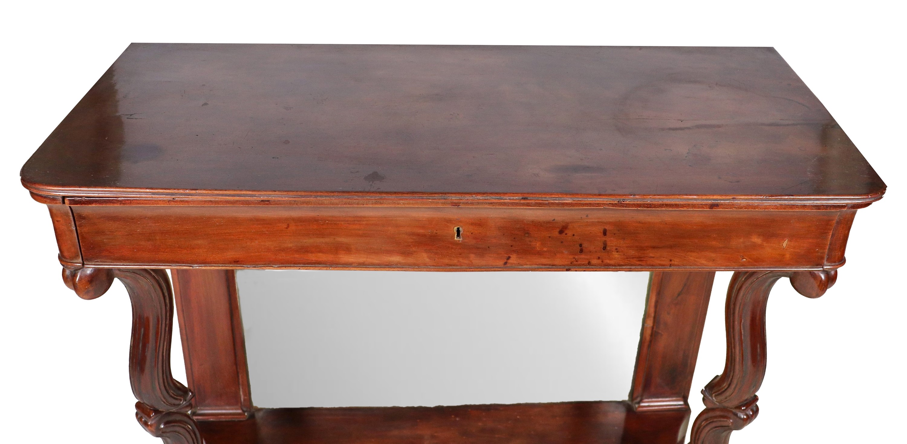 Consolle toscana Impero in mogano, a forma rettangolare con tiretto centrale, due gambe sagomate ...