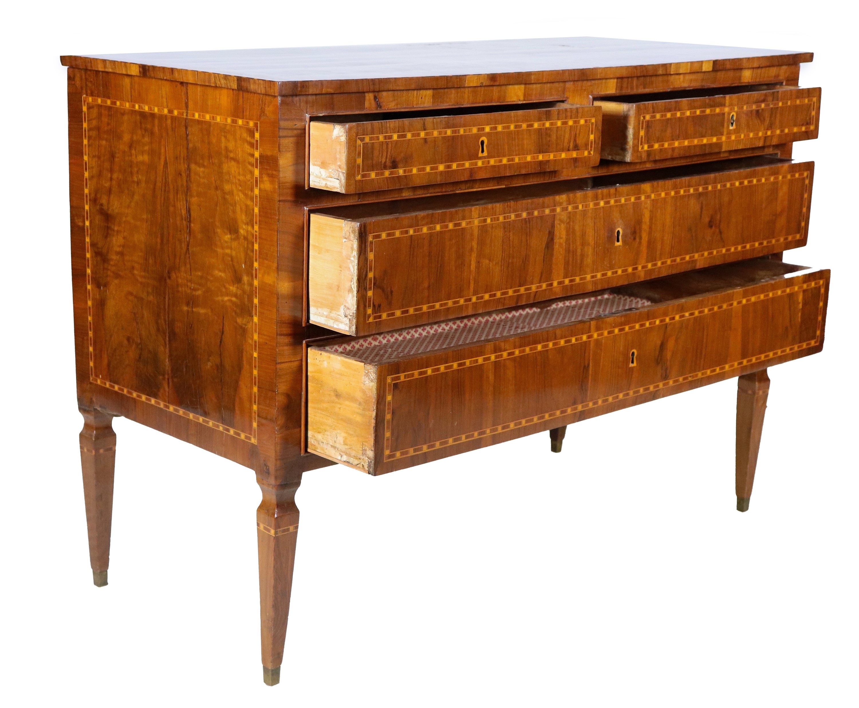 Antico cassettone Lombardo-Veneto Luigi XVI in noce, con intarsi a filettature geometriche, 2 tir...