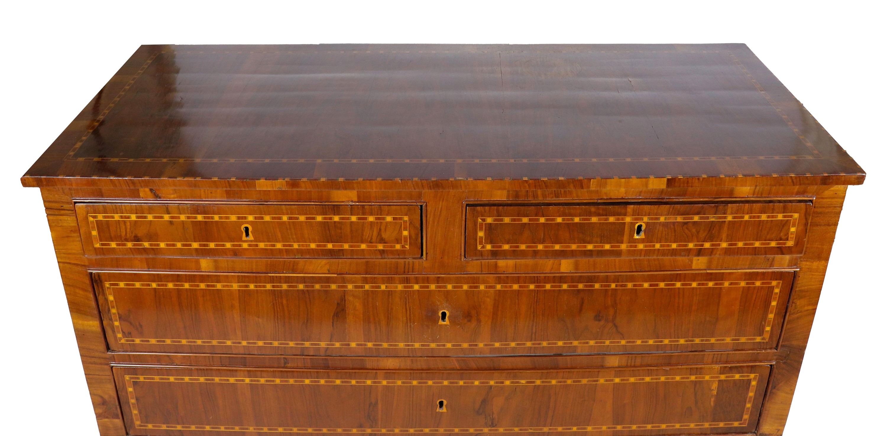 Antico cassettone Lombardo-Veneto Luigi XVI in noce, con intarsi a filettature geometriche, 2 tir...