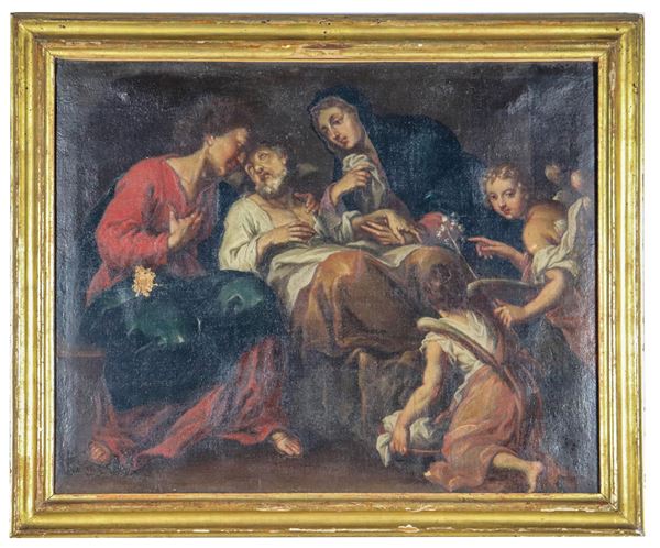 Scuola Napoletana Inizio XVIII Secolo - "The passing of Saint Joseph", oil painting on canvas. The painting has a defect on the canvas