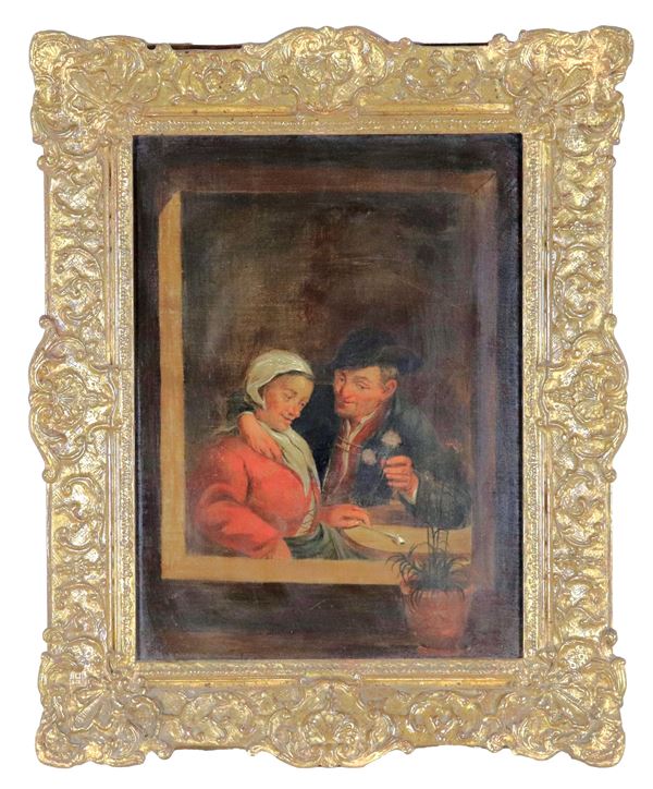 Pittore Fiammingo Inizio XIX Secolo - "Il corteggiamento alla finestra", dipinto ad olio su tela