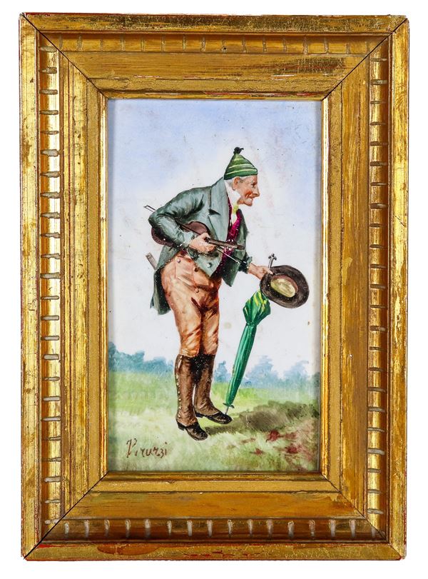 Antica placca in porcellana dipinta "Suonatore di violino". Firmata