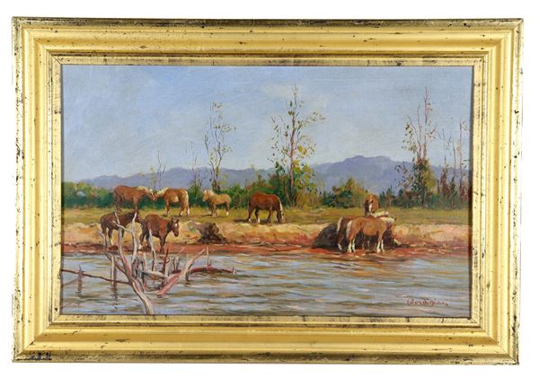 Edoardo Gordigiani - Firmato. "Mandria di cavalli al fiume", luminoso dipinto ad olio su tavola