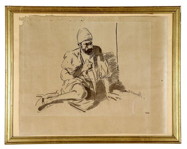 Pittore Napoletano XIX Secolo - "Arab beggar", drawing in ink and watercolor on paper, bears the signature of D. Morelli