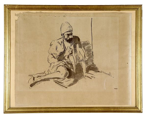 Pittore Napoletano XIX Secolo - "Mendicante arabo", disegno a china e acquarello su carta, reca la firma di D. Morelli