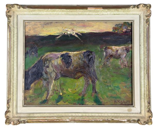 Pittore Italiano XIX Secolo - Signed. "Cows in the pasture", oil painting on pressed cardboard