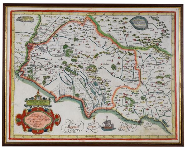 Antica carta topografica acquarellata della campagna di Roma