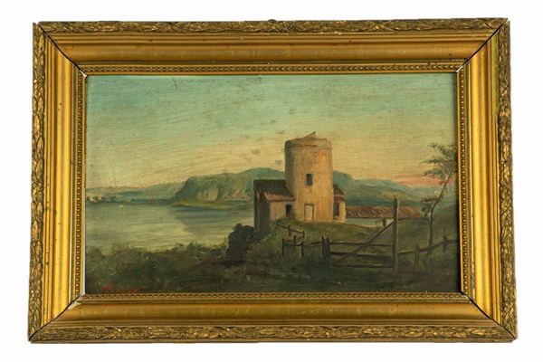 Pittore Europeo XIX Secolo - &quot;Landscape view with the Aniene and peasant house&quot;. Signed.