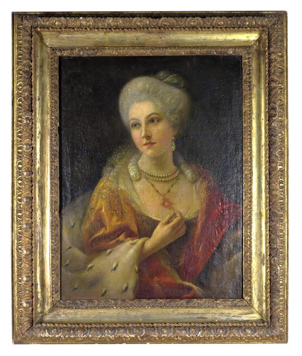 Scuola Italiana Inizio XVIII Secolo - "Portrait of a noblewoman with ermine", oil painting on canvas