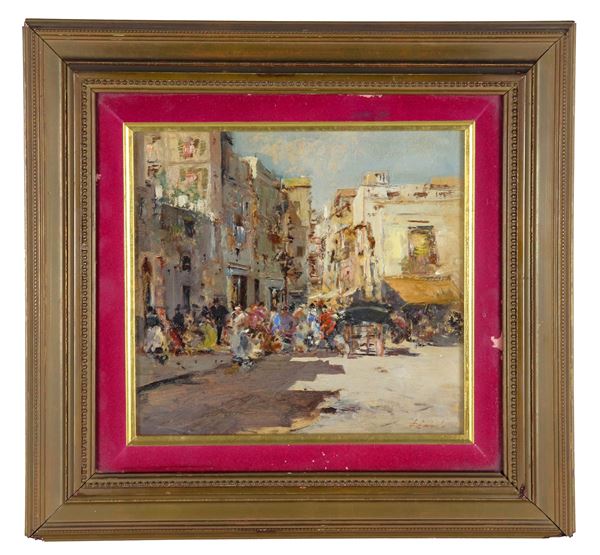 Pittore Italiano Inizio XX Secolo - Firmato. "Veduta di piazzetta a Napoli con il mercato", piccolo dipinto ad olio