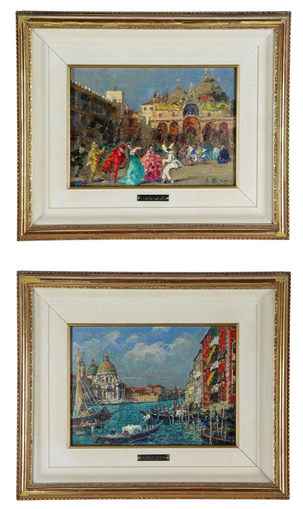 Erma Zago - Signed. "Views of Venice with the carnival", pair of small oil paintings on panel
