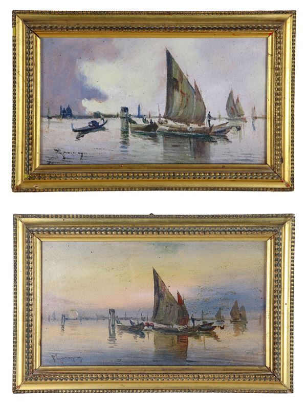 Natale Gavagnin - Signed. "Boats at sunset" and "Storm in the lagoon", pair of small oil paintings on cardboard