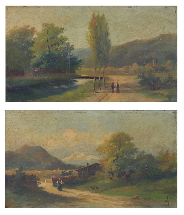 Pittore Italiano Fine XIX Secolo - Signed. "Landscapes with peasants", pair of small oil paintings on panel