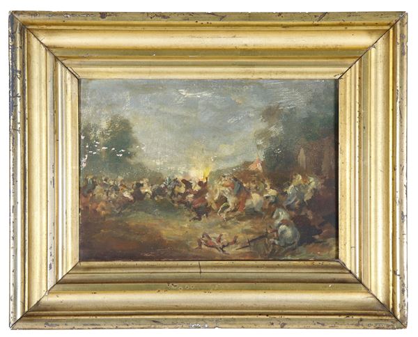 Scuola Italiana XIX Secolo - "Battle scene of knights", small sketched painting in oil on wood