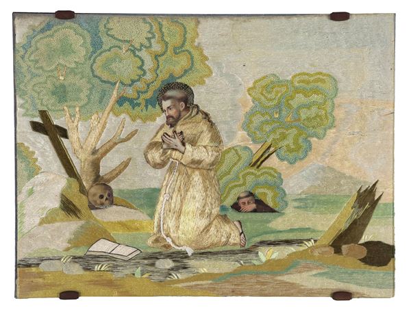 Elmo Marianna (Lecce 1730) - "St. Francis", painted on glued silk thread embroidery